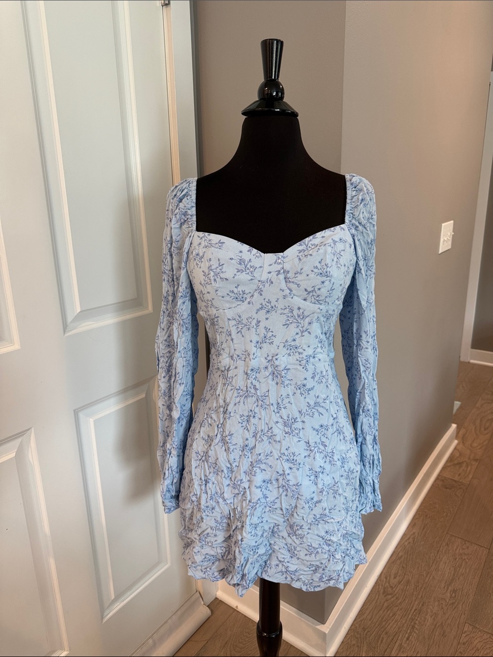 Altar’d State Light Blue Floral Long-Sleeve Sweetheart Mini Dress